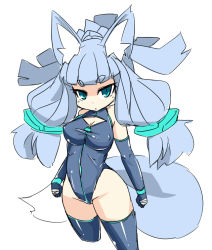Rule 34 | 1girl, animal ears, blue hair, breasts, cleavage, fox ears, fox tail, kedamaton, kogetsu tooka, long hair, looking at viewer, original, simple background, solo, tail, thighhighs, white background