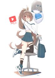Rule 34 | 1girl, absurdres, backpack, bag, balloon, bandaid, bandaid on face, bandaid on knee, bandaid on leg, black socks, blood, blood on face, blue footwear, blue neckerchief, blue sailor collar, blue skirt, blush, brown eyes, brown hair, character name, commentary, cup, disposable cup, earrings, feather hair ornament, feathers, floating hair, friend (nanashi mumei), full body, glasses, hair between eyes, hair ornament, highres, holding, holding cup, hololive, hololive english, jewelry, kneehighs, logo, long hair, long sleeves, looking at viewer, midriff, miniskirt, multicolored hair, nanashi mumei, neckerchief, nike (company), pleated skirt, ponytail, sailor collar, school uniform, shirt, shoes, simple background, single kneehigh, single sock, single thighhigh, skirt, sneakers, socks, solavit401, streaked hair, thighhighs, unworn backpack, unworn bag, very long hair, virtual youtuber, watch, white background, white shirt, wristwatch, youtube logo