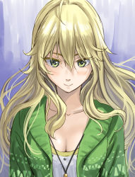 Rule 34 | 1girl, ahoge, bad id, bad pixiv id, blonde hair, blush, breasts, collarbone, commentary request, green eyes, green jacket, hair between eyes, hoshii miki, idolmaster, idolmaster (classic), idolmaster million live!, idolmaster million live! theater days, jacket, jewelry, long hair, looking at viewer, medium breasts, necklace, shirt, smile, solo, white shirt, yoropa