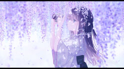 Rule 34 | 1girl, black hakama, blurry, blurry background, blush, braid, camera, commentary request, day, falling petals, floral print, flower, french braid, from side, hair between eyes, hakama, holding, holding camera, japanese clothes, kimono, lens flare, lens focus, letterboxed, long hair, long sleeves, looking up, original, outdoors, parted lips, petals, print kimono, purple eyes, purple hair, purple kimono, renren (pixiv22963369), sidelocks, signature, solo, straight hair, upper body, wide sleeves, wisteria