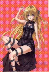 Rule 34 | 1girl, absurdres, argyle, argyle background, argyle clothes, arm up, armpits, bare shoulders, barefoot, belt, black dress, blonde hair, blush, body blush, cleavage cutout, clothing cutout, collarbone, corset, dress, feet, female focus, hair between eyes, hair intakes, hair ornament, highres, knees, konjiki no yami, legs, lips, long hair, long image, looking at viewer, lying, official art, on back, open mouth, red eyes, scan, shiny clothes, skindentation, tall image, thigh strap, thighs, to love-ru, toes, turtleneck, very long hair, yabuki kentarou