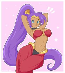 1girl armpits arms_behind_head artist_name bandeau blue_eyes breasts celebelian cleavage curvy dark-skinned_female dark_skin highres large_breasts long_hair looking_at_viewer midriff navel open_mouth pants pointy_ears ponytail purple_hair shantae shantae_(series) smile solo toned tongue very_long_hair