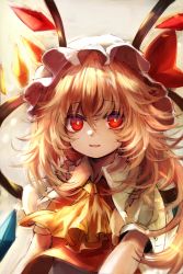 Rule 34 | 1girl, ascot, blonde hair, bow, commentary request, crystal, flandre scarlet, frilled shirt, frilled shirt collar, frilled sleeves, frills, hat, highres, looking at viewer, maho moco, medium hair, mob cap, one side up, open mouth, puffy short sleeves, puffy sleeves, red bow, red eyes, red vest, shirt, short sleeves, smile, solo, touhou, vest, white background, white hat, white shirt, wings, yellow ascot
