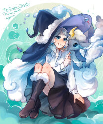 Rule 34 | 1girl, artist name, black footwear, black skirt, blue eyes, blue hair, blue hat, boots, cloud, cloud hair, collared shirt, colored tips, commission, creature, full body, fur-trimmed boots, fur trim, green background, grin, hand up, hat, highres, hogara, index finger raised, knees up, long hair, long sleeves, looking at animal, multicolored hair, on cloud, original, pleated skirt, rain, shirt, sitting, skeb commission, skirt, smile, solo, very long hair, white hair, white shirt, witch hat