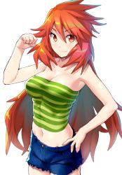 Rule 34 | 1girl, amou kanade, bare shoulders, breasts, chikugen shiina, cleavage, closed mouth, denim, denim shorts, long hair, looking at viewer, medium breasts, navel, red eyes, red hair, senki zesshou symphogear, shorts, simple background, smile, solo, striped, white background