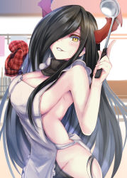 Rule 34 | 1girl, aoi minato (aoi3710blueport), apron, armpit crease, azur lane, black hair, breasts, cleavage, commentary request, crazy eyes, demon horns, friedrich der grosse (azur lane), grin, hair over one eye, highres, holding, holding ladle, horns, indoors, kitchen, ladle, large breasts, long hair, looking at viewer, mechanical horns, naked apron, ringed eyes, sidelocks, smile, solo, straight hair, teeth, very long hair, yellow eyes