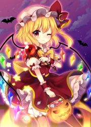 Rule 34 | 1girl, absurdres, alternate color, bat (animal), black thighhighs, blonde hair, bow, bowtie, candy, closed mouth, cloud, commentary request, crescent, crystal, fence, flandre scarlet, food, glowing, glowing wings, gradient eyes, gradient sky, hair between eyes, halloween, hat, hat ribbon, highres, holding, holding wand, jack-o&#039;-lantern, lollipop, looking at viewer, medium hair, medium skirt, mob cap, multicolored eyes, night, night sky, one eye closed, petticoat, pink sky, polka dot, puffy short sleeves, puffy sleeves, pumpkin, purple sky, red bow, red eyes, red ribbon, red skirt, red vest, ribbon, ruhika, shirt, short sleeves, side ponytail, skirt, skirt set, sky, smile, solo, standing, star (symbol), striped bow, striped bowtie, striped clothes, striped neckwear, thighhighs, touhou, vest, wand, white hat, white shirt, wings, wrist cuffs, yellow eyes, yellow neckwear