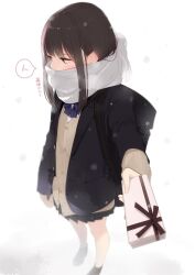 Rule 34 | 1girl, ama mitsuki, bag, black footwear, black jacket, black skirt, black socks, blazer, blush, bow, box, breath, brown eyes, brown hair, cardigan, enpera, gift, gift box, grey scarf, highres, holding, holding gift, incoming gift, jacket, long hair, long sleeves, non-web source, open clothes, original, pleated skirt, scarf, scarf over mouth, school uniform, shoes, sidelocks, simple background, skirt, sleeves past wrists, socks, solo, standing, valentine, white background, white scarf