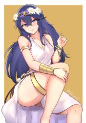Rule 34 | 1girl, blue eyes, blue hair, bracelet, breasts, cleavage, commentary, crossed bangs, dress, english commentary, family crest, feet out of frame, fire emblem, fire emblem cipher, fire emblem heroes, gold bracelet, halterneck, head wreath, highres, jewelry, knee up, legs, long hair, looking at viewer, lucina (fire emblem), lucina (valentine) (fire emblem), nintendo, sitting, small breasts, smile, solo, thighlet, thighs, white dress, zet (twt zet)