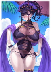 Rule 34 | 1girl, absurdres, asymmetrical bangs, bare shoulders, blush, breasts, cleavage, clothing cutout, cloud, covered erect nipples, covered navel, day, fate/grand order, fate (series), feet out of frame, female focus, fingerless gloves, gloves, groin, hair ornament, hands on own hips, highres, huge breasts, large nipples, legs, looking at viewer, mogudan, murasaki shikibu (fate), murasaki shikibu (swimsuit rider) (fate), navel cutout, ocean, outdoors, parasol, parted lips, purple eyes, purple hair, sky, solo, standing, swimsuit, thigh gap, thighs, umbrella, water