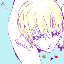 Rule 34 | 1boy, aliasing, blonde hair, blue eyes, character name, copyright name, drugs, galerians, looking at viewer, lowres, male focus, pill, rion (galerians), short hair, simple background, solo, tagme