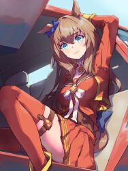Rule 34 | 1girl, absurdres, black bow, blue bow, blue eyes, bodice, bow, bowtie, brown hair, car, ear bow, highres, horse girl, jacket, long hair, long sleeves, looking at viewer, maruzensky (umamusume), motor vehicle, red jacket, red shirt, red skirt, red thighhighs, shirt, sitting, skirt, smile, solo, stella (stella), thigh strap, thighhighs, umamusume, wavy hair, white bow, white bowtie