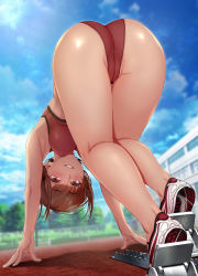 Rule 34 | 1girl, armpits, ass, bent over, blush, breasts, brown eyes, brown hair, day, from behind, from below, full body, gentsuki, hanging breasts, highres, kneepits, looking at viewer, medium breasts, original, outdoors, parted lips, running track, shoes, short hair, smile, sneakers, solo, sports bikini, tan, thighs, track and field, track uniform