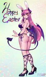 Rule 34 | 1girl, absurdres, animal ears, artist name, ass, bare shoulders, blunt bangs, breasts, commentary, demon girl, demon horns, demon tail, demon wings, earrings, english commentary, from side, full body, hand on own cheek, hand on own face, happy easter, high heels, highres, horns, jewelry, large breasts, leg tattoo, light smile, long hair, looking at viewer, looking to the side, matilda fiship, nail polish, orange eyes, original, pink hair, pink nails, pointy ears, rabbit ears, rabbit tail, simple background, slit pupils, solo, standing, tail, tattoo, very long hair, wings, wrist cuffs