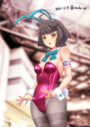 Rule 34 | 1girl, adapted costume, adjusting clothes, adjusting leotard, ahoge, animal ears, blue bow, blue bowtie, blunt bangs, blurry, blurry background, bow, bowtie, breasts, brown eyes, brown hair, commentary request, cowboy shot, dated, detached collar, fake animal ears, fishnet pantyhose, fishnets, frontal wedgie, grey pantyhose, kantai collection, kishinami (kancolle), leotard, moke ro, pantyhose, playboy bunny, purple leotard, rabbit ears, rabbit tail, short hair, small breasts, solo, strapless, strapless leotard, tail, thighband pantyhose, twitter username, wavy hair, wedgie, wrist cuffs