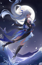 Rule 34 | 1girl, absurdres, bare shoulders, black footwear, blue sleeves, breasts, closed mouth, commentary, crystal, detached sleeves, high ponytail, highres, holding, holding sword, holding weapon, honkai: star rail, honkai (series), jingliu (honkai: star rail), kato yuurina, long hair, long sleeves, looking at viewer, medium breasts, night, ponytail, red eyes, solo, star (sky), sword, very long hair, weapon, white hair