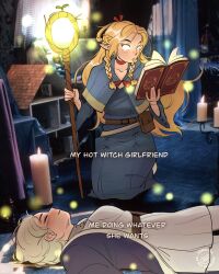 Rule 34 | 2girls, ambrosia (dungeon meshi), belt, belt pouch, blon, blue capelet, blue robe, book, bow, braid, candle, capelet, choker, closed eyes, closed mouth, commentary, curtains, doll house, dungeon meshi, english commentary, falin touden, fire, glowing, glowing eyes, highres, long hair, lying, magic, marcille donato, medium hair, multiple girls, on back, photo background, pouch, red bow, red choker, robe, signature, twin braids, yuri, zoeee hhh