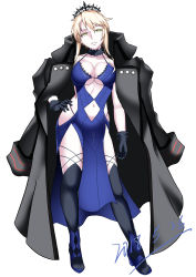 Rule 34 | 1girl, 2018, alternate breast size, artoria pendragon (alter swimsuit rider) (fate), artoria pendragon (alter swimsuit rider) (third ascension) (fate), artoria pendragon (fate), bare shoulders, black gloves, black thighhighs, blonde hair, breasts, cleavage, clothing cutout, dated, fate/grand order, fate (series), gloves, hand on own hip, highres, hip focus, jacket, jacket on shoulders, large breasts, long hair, navel, navel cutout, shiki (love-saber), solo, thighhighs, tiara, white background, yellow eyes