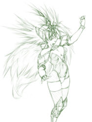 Rule 34 | 1girl, boots, breasts, cleavage, green theme, head wings, helmet, knee boots, large breasts, lineart, long hair, monochrome, riesz, seiken densetsu, seiken densetsu 3, solo, star lancer, uzuki, winged helmet, wings