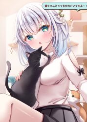 Rule 34 | + +, 1girl, animal, black bow, black skirt, blue eyes, blush, bow, breasts, cat, cat tower, chestnut mouth, commentary request, feet out of frame, grey hair, highres, indoors, long sleeves, looking at viewer, medium breasts, original, parted lips, pleated skirt, sakura hiyori, shirt, sitting, skirt, solo, sparkle, translation request, white shirt