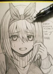 Rule 34 | 1girl, art tools in frame, blush, commentary request, dated, go-toubun no hanayome, graphite (medium), hair between eyes, hair ribbon, hand up, highres, hoshi san 3, long sleeves, looking at viewer, lower teeth only, mechanical pencil, monochrome, nakano yotsuba, open mouth, pencil, ribbon, shikishi, short hair, solo, speech bubble, sweatdrop, sweater, teeth, traditional media, translation request, upper body, vest