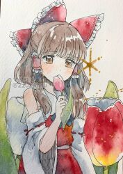 Rule 34 | 1girl, 2zuz4hru, bare shoulders, blunt bangs, bow, brown eyes, brown hair, commentary request, covered mouth, cowboy shot, detached sleeves, flower, hair bow, hair tubes, hakurei reimu, hand up, highres, holding, holding flower, long hair, long sleeves, painting (medium), pink flower, sidelocks, solo, touhou, traditional media, tulip, watercolor (medium), wide sleeves
