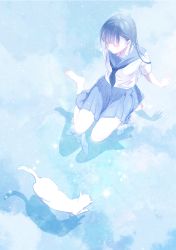 Rule 34 | 1girl, ajimita, arm support, barefoot, black hair, cat, female focus, fish, from above, long hair, muted color, original, pale color, ripples, school uniform, serafuku, shadow, sitting, skirt, smile, solo, standing, standing on liquid, uniform, wariza, water