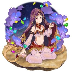 Rule 34 | 1girl, anklet, breasts, choker, collarbone, detached sleeves, floating hair, full body, groin, harem outfit, highres, jewelry, long hair, long sleeves, looking at viewer, midriff, navel, official art, pants, parted lips, pink pants, pink sleeves, purple hair, red eyes, see-through, sitting, small breasts, solo, stomach, sword art online, thigh strap, transparent background, veil, very long hair, yuuki (sao)
