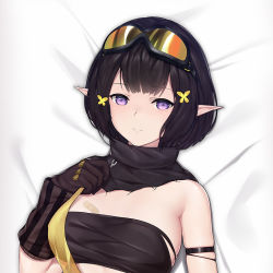 Rule 34 | 1girl, arknights, arm strap, bandaid, bandaid on breast, black gloves, black hair, black scarf, black shirt, breasts, cirnos, eunectes (arknights), flower, gloves, goggles, goggles on head, hair flower, hair ornament, hand up, looking at viewer, lying, medium breasts, on back, on bed, pointy ears, purple eyes, ribbon, scarf, shirt, short hair, smile, solo, strapless, torn clothes, torn shirt, tube top, white background, yellow flower, yellow ribbon