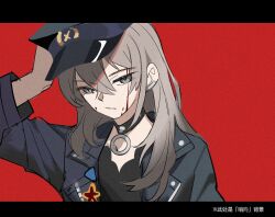 Rule 34 | 1girl, black choker, black hat, black jacket, black shirt, blood, blood on face, choker, commentary, film grain, girls band cry, grey eyes, grey hair, hat, jacket, jhon trick, kawaragi momoka, letterboxed, long hair, looking at viewer, parted lips, police hat, shirt, solo, translation request, upper body