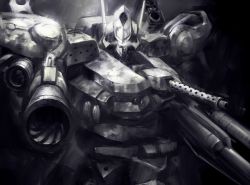 Rule 34 | aiming, aiming at viewer, armored core, evangel, from software, greyscale, mecha, monochrome, mozuo, no humans, robot