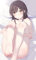 Rule 34 | 1girl, bed sheet, blush, brown eyes, brown hair, censored, censored nipples, commentary request, completely nude, convenient censoring, echiru39, foreshortening, highres, hugging own legs, knees to chest, knees up, looking at viewer, lying, nude, on back, on bed, original, pillow, shadow, solo, sunlight, toes