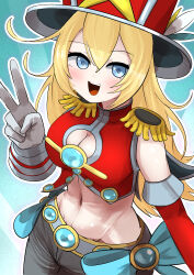 Rule 34 | 1girl, absurdres, black pants, blonde hair, blue eyes, breasts, cleavage, cleavage cutout, clothing cutout, cotan (actancyaga), crop top, duel monster, dutch angle, hat, highres, large breasts, long hair, looking at viewer, midriff, navel, pants, pendulum witch, red hat, red shirt, ribbon, shirt, sleeveless, sleeveless shirt, smile, solo, standing, top hat, v, yu-gi-oh!