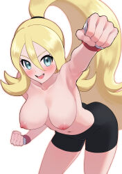 Rule 34 | 1girl, :d, absurdres, bike shorts, blonde hair, blush, breasts, clenched hands, collarbone, commentary request, creatures (company), fingerless gloves, game freak, gloves, green eyes, hair between eyes, happy, highres, korrina (pokemon), leaning forward, long hair, looking at viewer, maki (letusgomaki), navel, nintendo, nipples, open mouth, pokemon, pokemon xy, ponytail, smile, solo, teeth, topless, upper teeth only, white background, white gloves