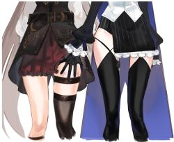 Rule 34 | 2girls, belt, black belt, black gloves, black shirt, brown hair, clothes lift, eus ing, frilled skirt, frills, gloves, hickey, holding another&#039;s thighs, hololive, hololive english, long hair, long sleeves, lower body, multiple girls, nanashi mumei, nanashi mumei (1st costume), ouro kronii, ouro kronii (1st costume), pleated skirt, shirt, skirt, skirt lift, strap, thigh strap, very long hair, virtual youtuber, white shirt, yuri