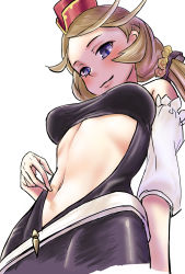 Rule 34 | 10s, 1girl, bare shoulders, belt, black dress, blush, breasts, brown hair, center opening, detached sleeves, dress, emoshon, from below, granblue fantasy, harie (granblue fantasy), hat, highres, long hair, looking at viewer, low twintails, navel, purple eyes, scrunchie, shaded face, small breasts, smile, solo, stomach, taut clothes, twintails