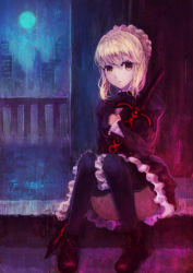 Rule 34 | 1girl, artoria pendragon (fate), bad id, bad pixiv id, blonde hair, cityscape, excalibur (fate/stay night), excalibur morgan (fate), fate/stay night, fate (series), frills, full moon, gothic lolita, lolita fashion, mahou kyuuri, moon, pantyhose, saber (fate), saber alter, shoes, sitting, solo, sword, type-moon, weapon, yellow eyes
