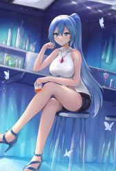 Rule 34 | 1girl, absurdres, alcohol, aoki hagane no arpeggio, arm up, bare legs, black shorts, blue eyes, blue footwear, blue hair, blush, breasts, bug, butterfly, cocktail glass, crossed legs, cup, drinking glass, full body, high heels, highres, holding, holding cup, insect, jewelry, legs, long hair, looking at viewer, medium breasts, necklace, open mouth, original, parted lips, ponytail, sauvignon, shirt, shorts, sitting, smile, solo, takao (aoki hagane no arpeggio), white shirt