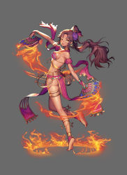 Rule 34 | 1girl, ;), absurdres, anklet, ass, bare legs, bare shoulders, barefoot, blush, breasts, bridal gauntlets, closed mouth, dancer, dark skin, detached sleeves, earrings, facial mark, fang, fang out, fire, flower, forehead mark, from behind, full body, grey background, hair flower, hair ornament, hand fan, high ponytail, highres, holding, holding fan, jewelry, lemonpear, loincloth, long hair, looking at viewer, looking back, medium breasts, nail polish, one eye closed, orange eyes, original, parted bangs, pink lips, ponytail, purple flower, purple nails, revealing clothes, short sleeves, sideboob, sidelocks, simple background, smile, thighlet, toenail polish, toenails, twisted torso