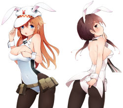 Rule 34 | 2girls, :o, animal ears, ass, bad id, bad nicoseiga id, black legwear, blue eyes, blush, breasts, brown eyes, brown hair, charlotte e. yeager, cleavage, covered navel, detached collar, fake animal ears, gertrud barkhorn, hat, highres, kinakomoti, large breasts, leotard, long hair, looking at viewer, looking back, multiple girls, open mouth, orange hair, pantyhose, playboy bunny, rabbit ears, simple background, strike witches, twintails, white background, world witches series, wrist cuffs