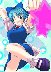 Rule 34 | 1girl, bow, cirno, female focus, aged up, one eye closed, smile, solo, embodiment of scarlet devil, touhou, wings, wink