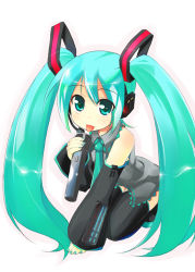Rule 34 | :p, black thighhighs, blush, hatsune miku, long hair, microphone, necktie, no pants, skirt, solo, sw (taco), thighhighs, tongue, tongue out, twintails, uniform, very long hair, vocaloid, vocaloid2, white background