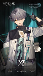 Rule 34 | 1boy, blue eyes, book, character name, commentary, english commentary, english text, grey hair, heterochromia, highres, holding, holding book, name tag, notepad, official art, pen, pointing, pointing at self, reverse:1999, short hair, solo, x (reverse:1999), yellow eyes