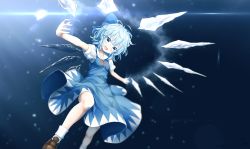 Rule 34 | 1girl, :d, absurdres, blue bow, blue dress, blue eyes, blue hair, bow, brown footwear, cirno, dark background, dated, dress, flying, hair bow, head tilt, highres, ice, kisamu (ksmz), light, loafers, neck ribbon, open mouth, outstretched arms, pinafore dress, red ribbon, ribbon, shirt, shoes, short hair, short sleeves, sleeveless dress, smile, solo, touhou, white legwear, white shirt