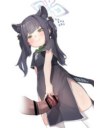 Rule 34 | 1boy, 1girl, absurdres, animal ears, bar censor, black dress, black hair, blue archive, blunt bangs, blush, breasts, censored, china dress, chinese clothes, closed mouth, dress, erection, flying sweatdrops, green eyes, grinding, hair ribbon, halo, hetero, highres, long hair, naretsuro, penis, ribbon, short sleeves, shun (blue archive), shun (small) (blue archive), simple background, small breasts, smile, solo focus, standing, thighhighs, veins, veiny penis, white background