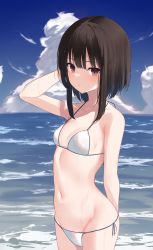 Rule 34 | 1girl, absurdres, arm up, bare arms, bare shoulders, bikini, black hair, breasts, brown eyes, closed mouth, cloud, cowboy shot, day, expressionless, groin, halterneck, highres, looking at viewer, memekko, navel, ocean, original, outdoors, short hair with long locks, side-tie bikini bottom, small breasts, solo, stomach, string bikini, swimsuit, wet, white bikini