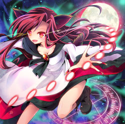 Rule 34 | 1girl, album cover, animal ears, boots, breasts, brooch, cleavage, cover, danmaku, enjoy mix, full moon, imaizumi kagerou, jewelry, large breasts, long hair, long sleeves, magic circle, moon, red eyes, red hair, shirt, skirt, solo, tail, touhou, very long hair, wide sleeves, wolf ears, wolf tail