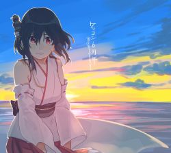 Rule 34 | 1girl, black hair, commentary request, detached sleeves, gradient sky, hair ornament, headgear, horizon, japanese clothes, kantai collection, looking at viewer, ocean, outdoors, red eyes, sagamiso, short hair, sky, solo, sunrise, wide sleeves, yamashiro (kancolle)