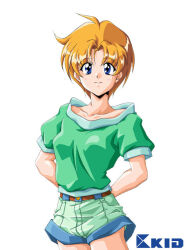 Rule 34 | 1girl, arms behind back, belt, blonde hair, blue eyes, brown belt, cowboy shot, facing viewer, green shirt, green shorts, light blush, looking at viewer, loose clothes, loose shirt, official art, pocket love, puffy short sleeves, puffy sleeves, shirt, short sleeves, shorts, simple background, smile, solo, standing, t-shirt, takao mizuki, white background