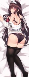 Rule 34 | 1girl, absurdres, ass, bed sheet, black hair, black panties, black pantyhose, bra, bra strap, breast press, breasts, clenched hands, clothes pull, commentary request, hairband, highres, kasumigaoka utaha, large breasts, long hair, long legs, looking at viewer, lying, on bed, on stomach, panties, pantyhose, pantyhose pull, parted lips, rebutsu, red bra, red eyes, saenai heroine no sodatekata, sailor collar, school uniform, shirt, underwear, uniform, white shirt